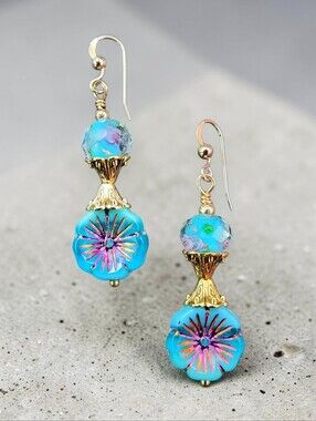 Gorgeous Handblown Turquoise Czech Glass With Purple Accented  Flower Beads